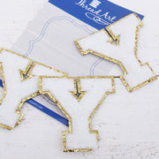 White Chenille Letter Patches - Set of 3 Iron-On Letters - Small 5.5 cm (2.25 in) Chenille with Gold Glitter - Threadart.com