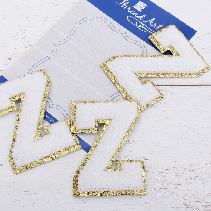 White Chenille Letter Patches - Set of 3 Iron-On Letters - Small 5.5 cm (2.25 in) Chenille with Gold Glitter - Threadart.com