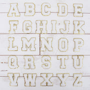 White Chenille Letter Patches - Set of 3 Iron-On Letters - Small 5.5 cm (2.25 in) Chenille with Gold Glitter - Threadart.com