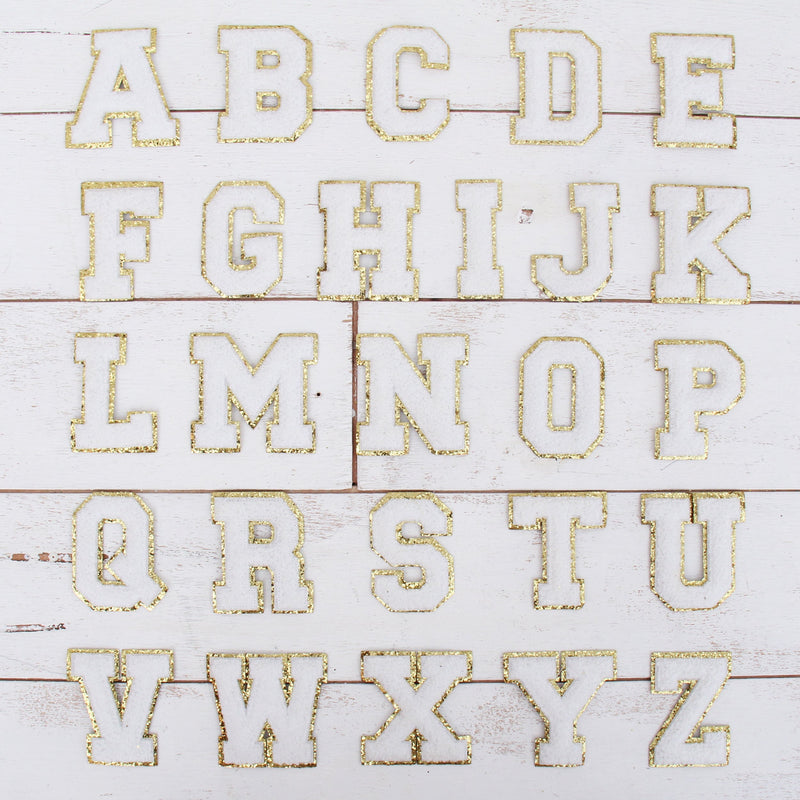 White Chenille Letter Patches - Set of 3 Iron-On Letters - Small 5.5 cm (2.25 in) Chenille with Gold Glitter - Threadart.com