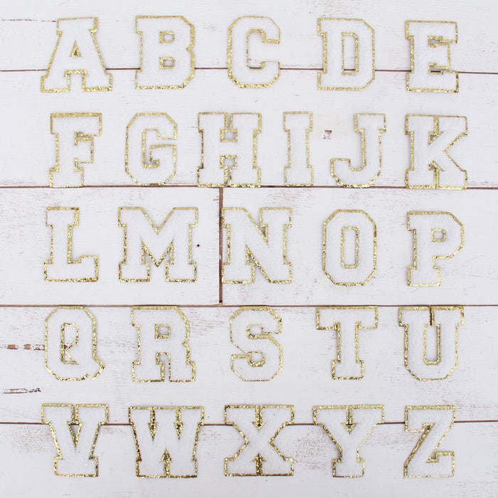 White Iron On Varsity Letter Patches - Sets of 3 Letters - Large 8 cm Chenille with Gold Glitter - Threadart.com