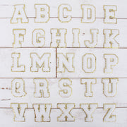 26 Letter Set of White Chenille Letter Patches - Iron-On Full Alphabet - Large 8 cm Chenille with Gold Glitter - Threadart.com
