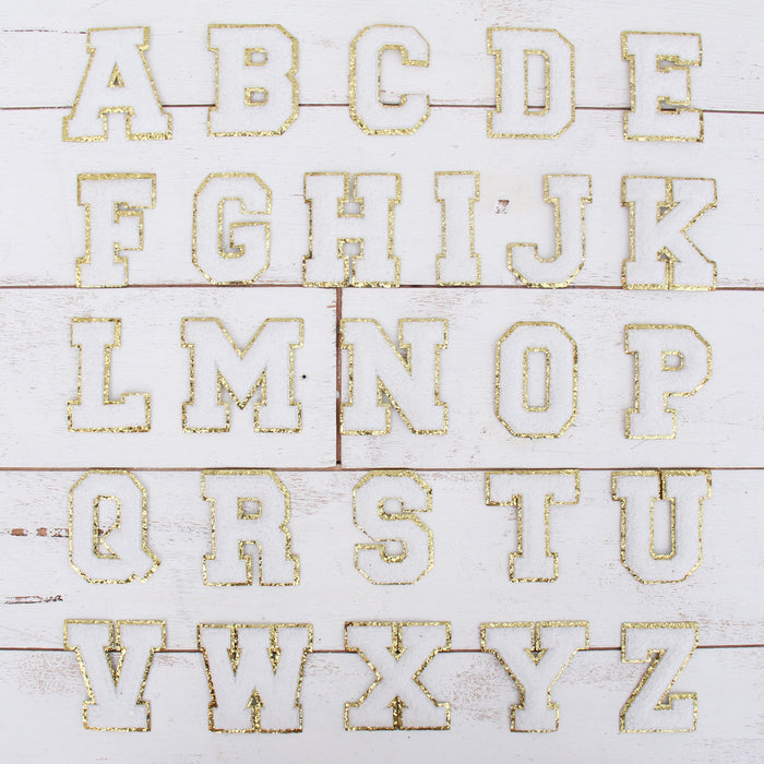 26 Letter Set Chenille Iron On Glitter Varsity Letter Patches - Yellow  Chenille Fabric With Gold Glitter Trim - Sew or Iron on - 8 cm Tall 