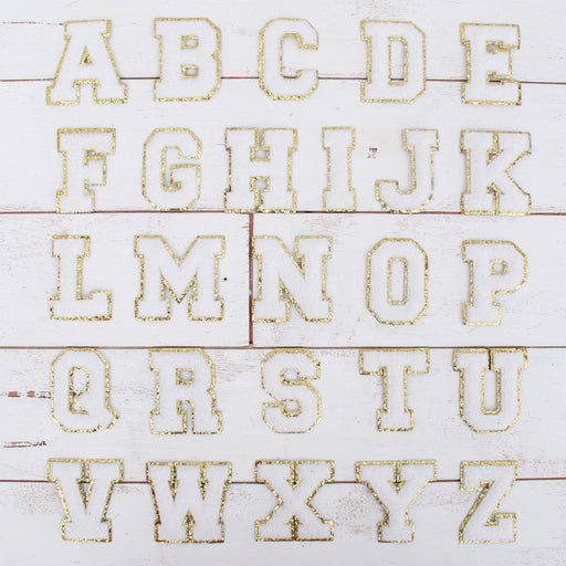 26 Letter Set of White Iron On Varsity Letter Patches - Full Alphabet - Small 5.5 cm Chenille with Gold Glitter - Threadart.com
