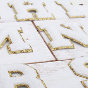 White Chenille Letter Patches - Set of 3 Iron-On Letters - Small 5.5 cm (2.25 in) Chenille with Gold Glitter - Threadart.com