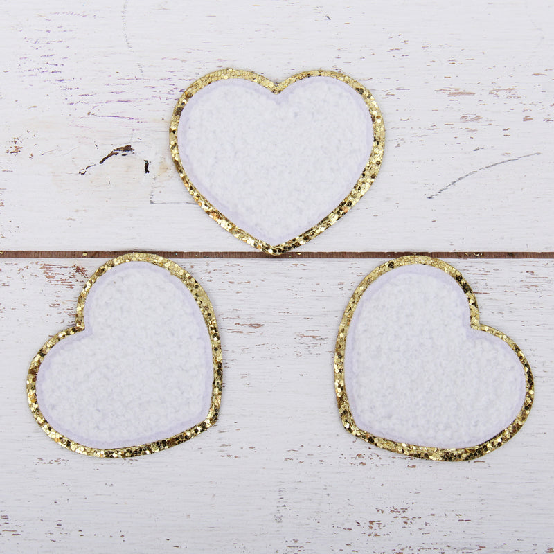 Iron On Chenille Patches - Set of 3 Hearts Chenille with Gold Glitter - Six Different Colors - Threadart.com