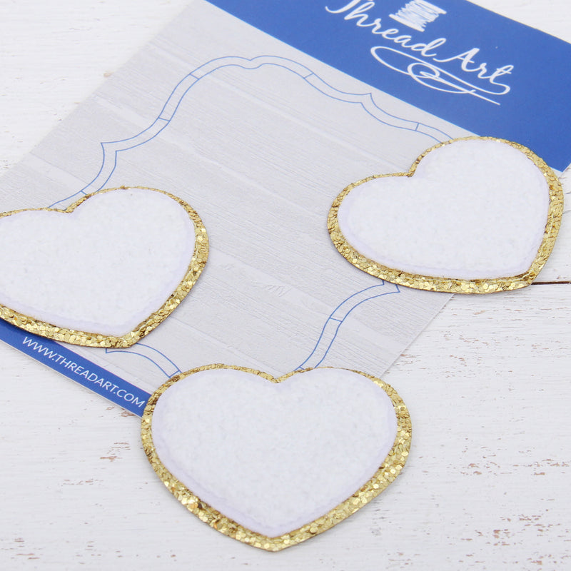 Iron On Chenille Patches - Set of 3 Hearts Chenille with Gold Glitter - Six Different Colors - Threadart.com