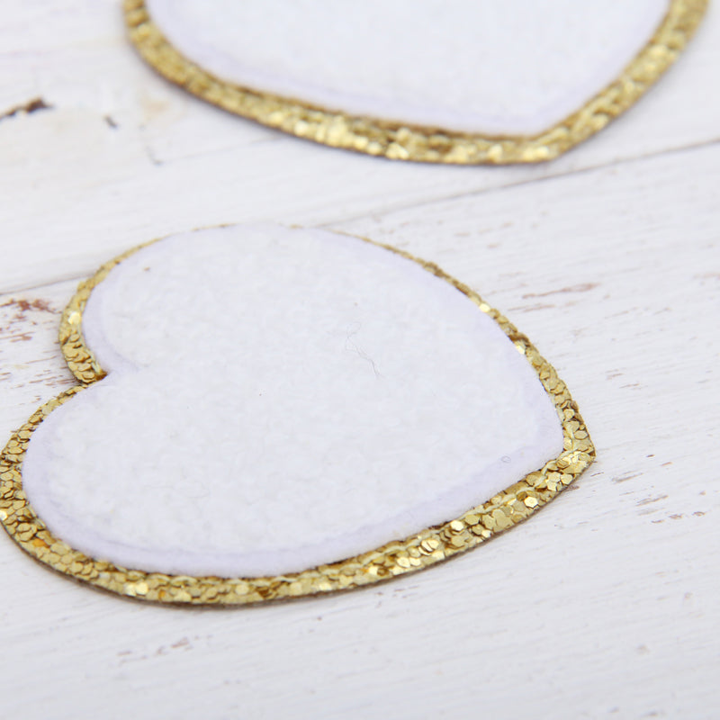Iron On Chenille Patches - Set of 3 Hearts Chenille with Gold Glitter - Six Different Colors - Threadart.com
