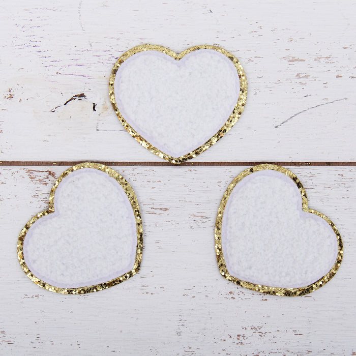 Iron On Heart Patches - Set of 3 Hearts Chenille with Gold Glitter - Six Different Colors - Threadart.com