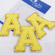 Yellow Chenille Letter Patches -Set of 3 Iron-On Letters - Small 5.5 cm Chenille with Gold Glitter - Threadart.com