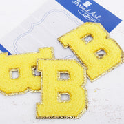 Yellow Chenille Letter Patches -Set of 3 Iron-On Letters - Small 5.5 cm Chenille with Gold Glitter - Threadart.com