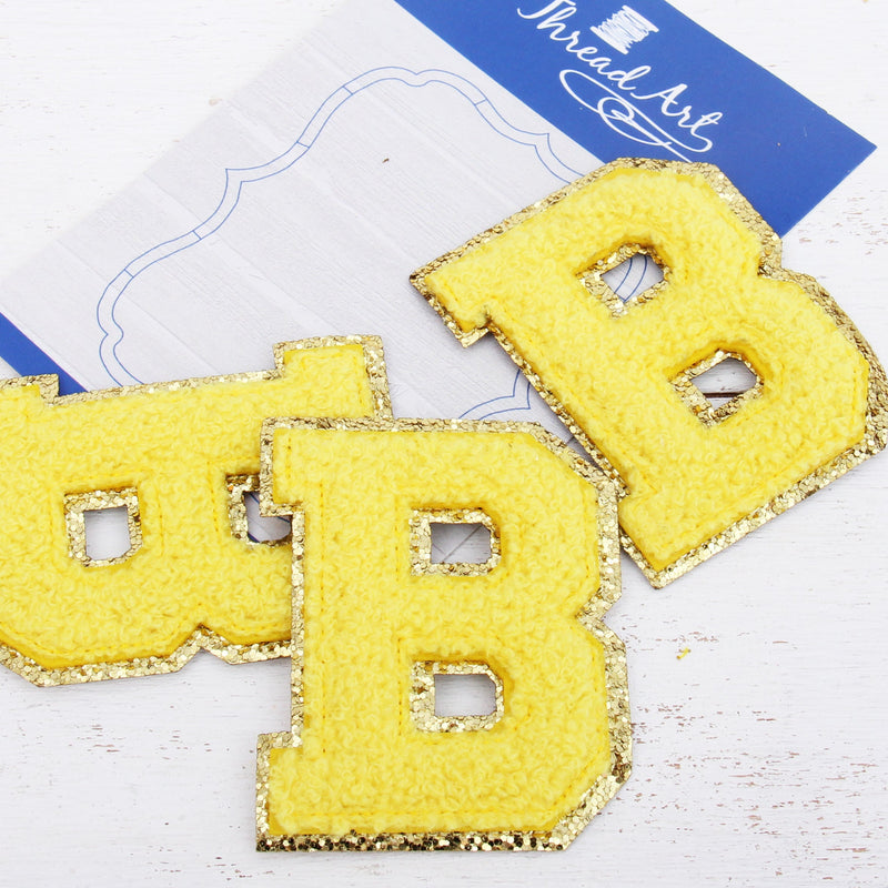 Yellow Chenille Letter Patches -Set of 3 Iron-On Letters - Small 5.5 cm Chenille with Gold Glitter - Threadart.com