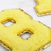 Yellow Chenille Letter Patches -Set of 3 Iron-On Letters - Small 5.5 cm Chenille with Gold Glitter - Threadart.com