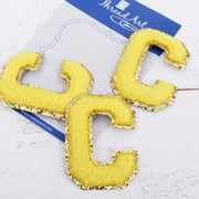 Yellow Chenille Letter Patches -Set of 3 Iron-On Letters - Small 5.5 cm Chenille with Gold Glitter - Threadart.com