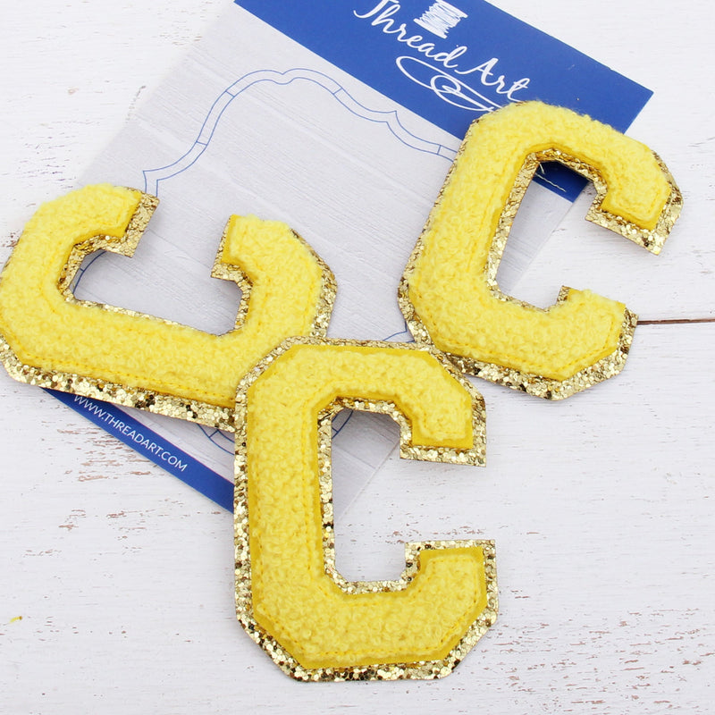 Yellow Chenille Letter Patches -Set of 3 Iron-On Letters - Small 5.5 cm Chenille with Gold Glitter - Threadart.com