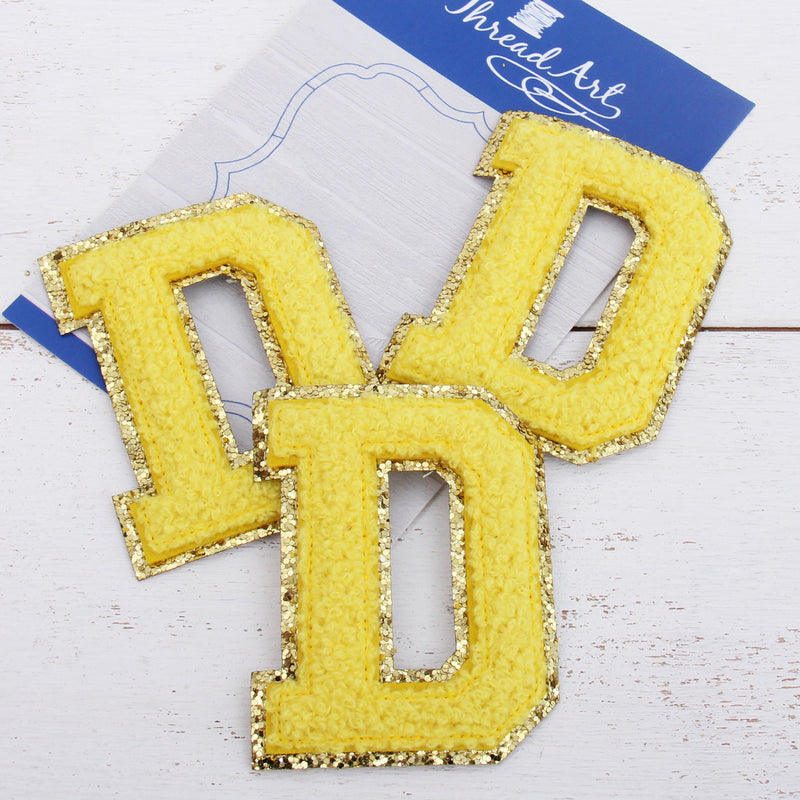 Yellow Chenille Letter Patches -Sets of 3 Letters  -Large 8 cm Chenille with Gold Glitter - Threadart.com