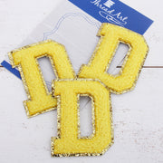 Yellow Chenille Letter Patches -Set of 3 Iron-On Letters - Small 5.5 cm Chenille with Gold Glitter - Threadart.com
