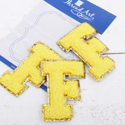 Yellow Chenille Letter Patches -Set of 3 Iron-On Letters - Small 5.5 cm Chenille with Gold Glitter - Threadart.com
