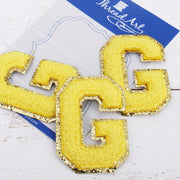 Yellow Chenille Letter Patches -Sets of 3 Letters  -Large 8 cm Chenille with Gold Glitter - Threadart.com