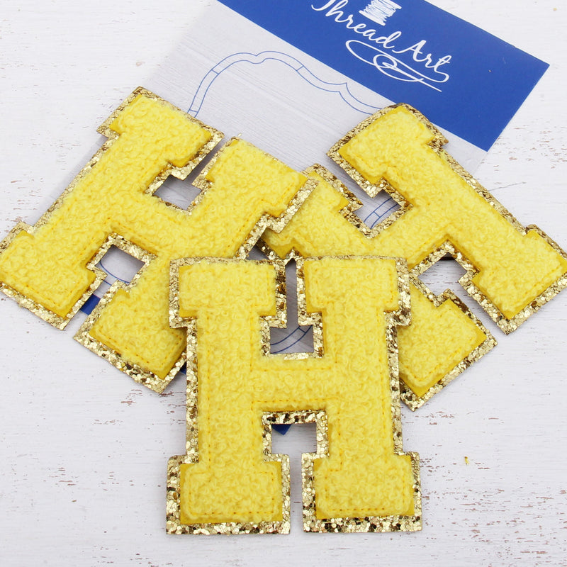 Yellow Chenille Letter Patches -Set of 3 Iron-On Letters - Small 5.5 cm Chenille with Gold Glitter - Threadart.com