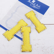 Yellow Chenille Letter Patches -Sets of 3 Letters  -Large 8 cm Chenille with Gold Glitter - Threadart.com