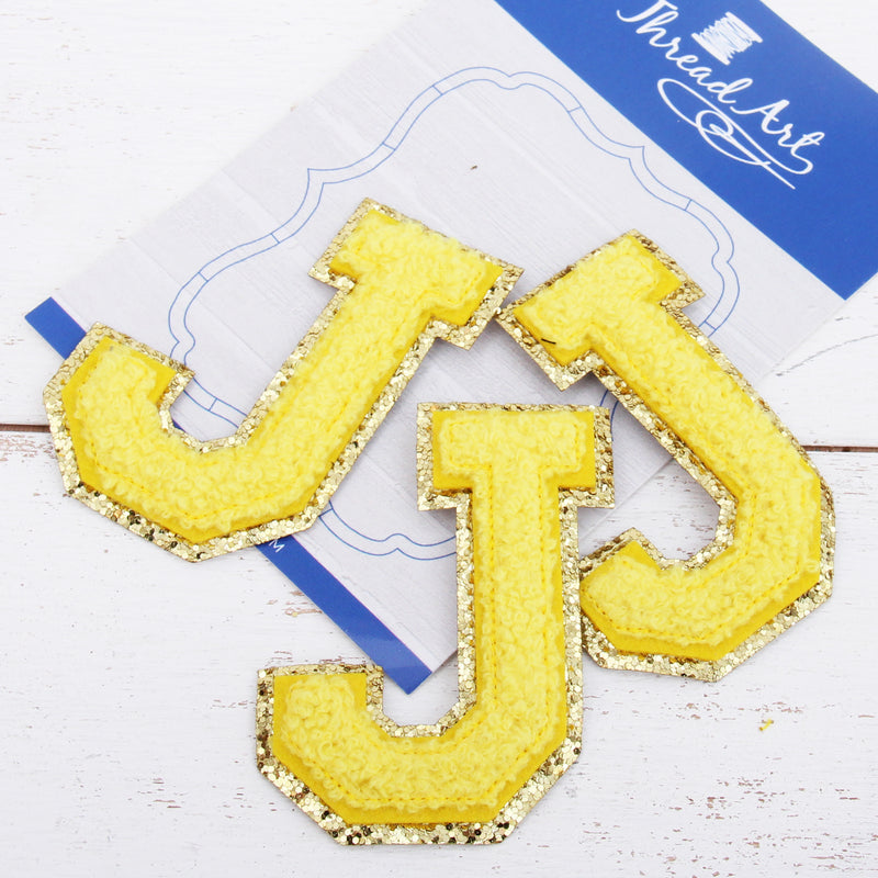 Yellow Chenille Letter Patches -Sets of 3 Letters  -Large 8 cm Chenille with Gold Glitter - Threadart.com