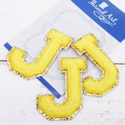 Yellow Chenille Letter Patches -Set of 3 Iron-On Letters - Small 5.5 cm Chenille with Gold Glitter - Threadart.com