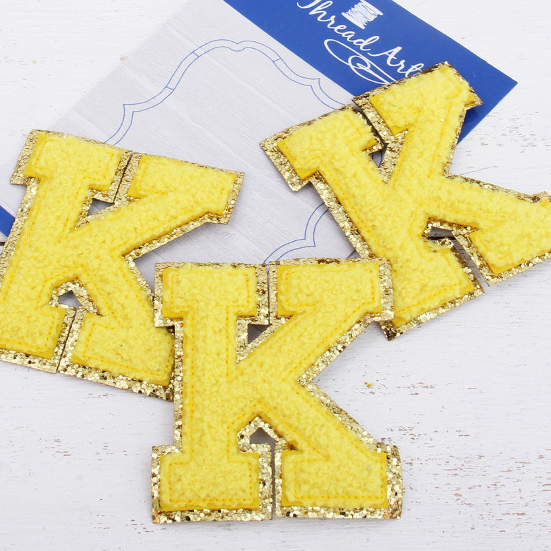 Yellow Chenille Letter Patches -Sets of 3 Letters  -Large 8 cm Chenille with Gold Glitter - Threadart.com