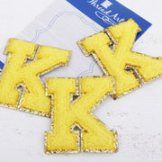 Yellow Chenille Letter Patches -Set of 3 Iron-On Letters - Small 5.5 cm Chenille with Gold Glitter - Threadart.com