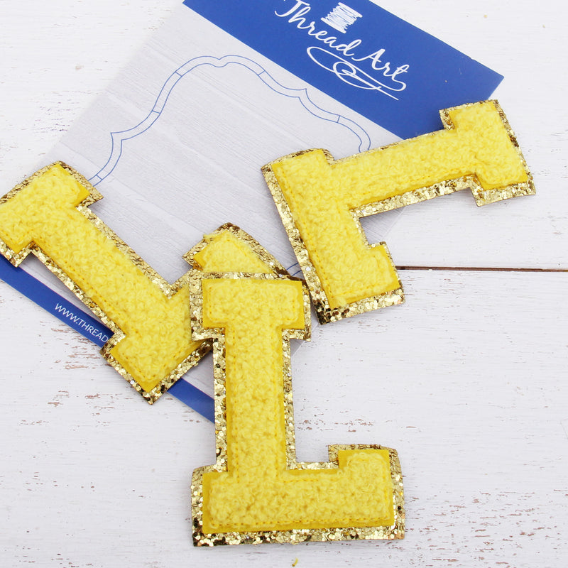 Yellow Chenille Letter Patches -Sets of 3 Letters  -Large 8 cm Chenille with Gold Glitter - Threadart.com