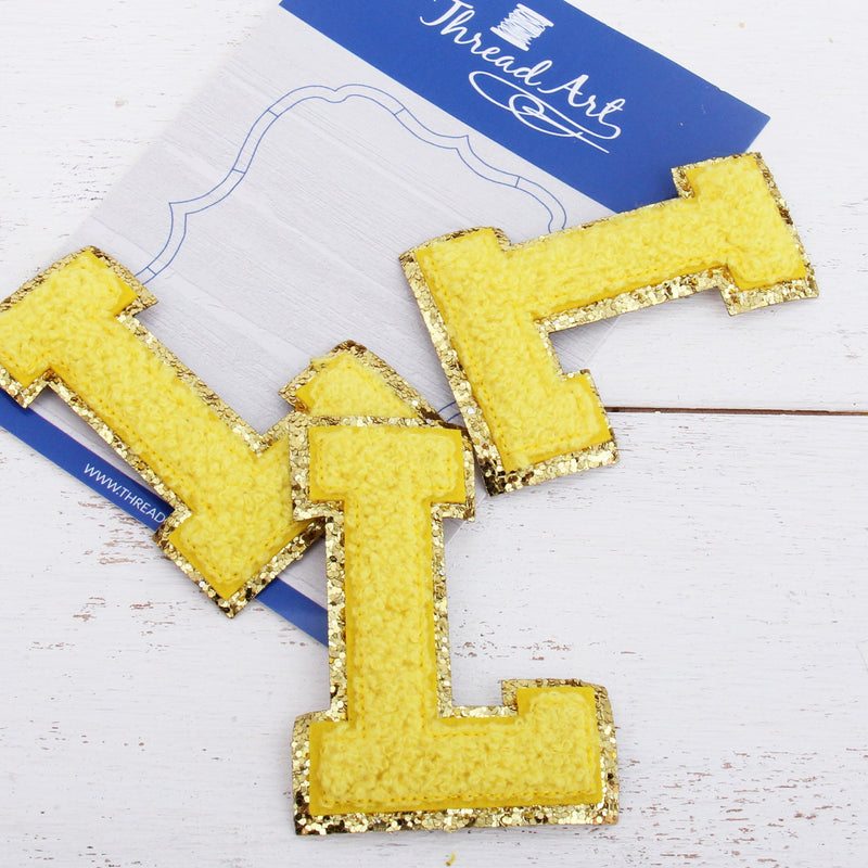 Yellow Chenille Letter Patches -Set of 3 Iron-On Letters - Small 5.5 cm Chenille with Gold Glitter - Threadart.com