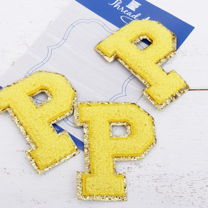 Yellow Iron On Varsity Letter Patches -Sets of 3 Letters  -Large 8 cm Chenille with Gold Glitter - Threadart.com