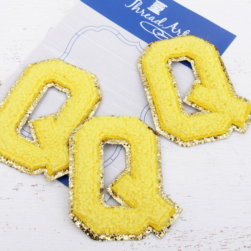 Yellow Chenille Letter Patches -Set of 3 Iron-On Letters - Small 5.5 cm Chenille with Gold Glitter - Threadart.com