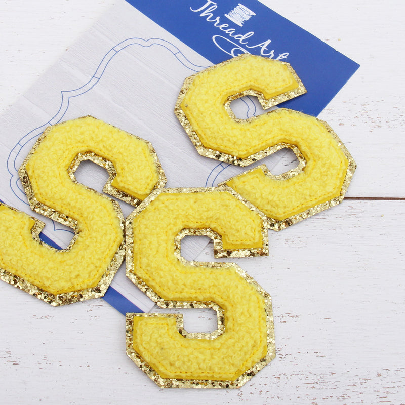 Yellow Chenille Letter Patches -Set of 3 Iron-On Letters - Small 5.5 cm Chenille with Gold Glitter - Threadart.com