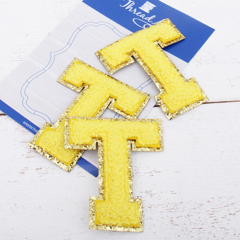 Yellow Chenille Letter Patches -Sets of 3 Letters  -Large 8 cm Chenille with Gold Glitter - Threadart.com