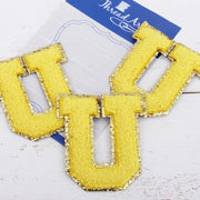 Yellow Chenille Letter Patches -Sets of 3 Letters  -Large 8 cm Chenille with Gold Glitter - Threadart.com