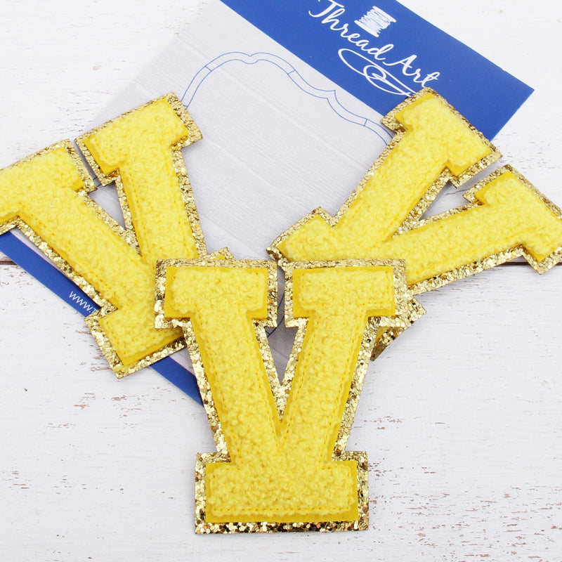Yellow Chenille Letter Patches -Set of 3 Iron-On Letters - Small 5.5 cm Chenille with Gold Glitter - Threadart.com