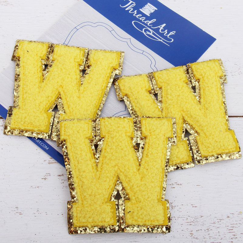 Yellow Chenille Letter Patches -Set of 3 Iron-On Letters - Small 5.5 cm Chenille with Gold Glitter - Threadart.com
