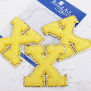 Yellow Chenille Letter Patches -Set of 3 Iron-On Letters - Small 5.5 cm Chenille with Gold Glitter - Threadart.com