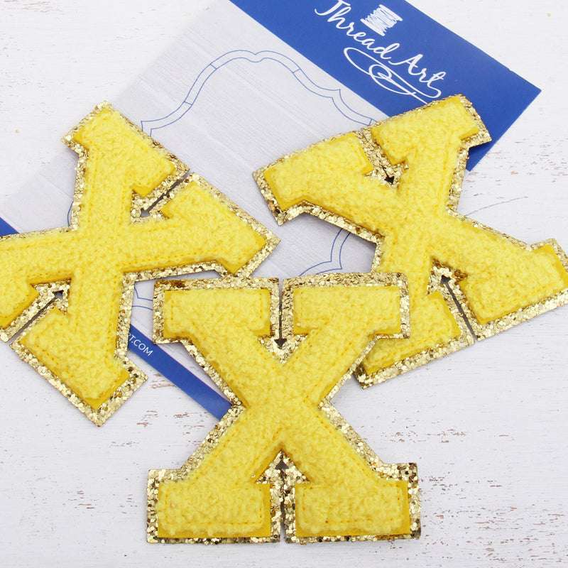 Yellow Chenille Letter Patches -Set of 3 Iron-On Letters - Small 5.5 cm Chenille with Gold Glitter - Threadart.com
