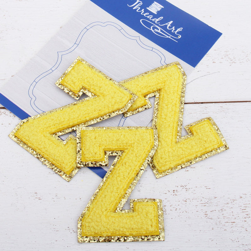 Yellow Chenille Letter Patches -Set of 3 Iron-On Letters - Small 5.5 cm Chenille with Gold Glitter - Threadart.com