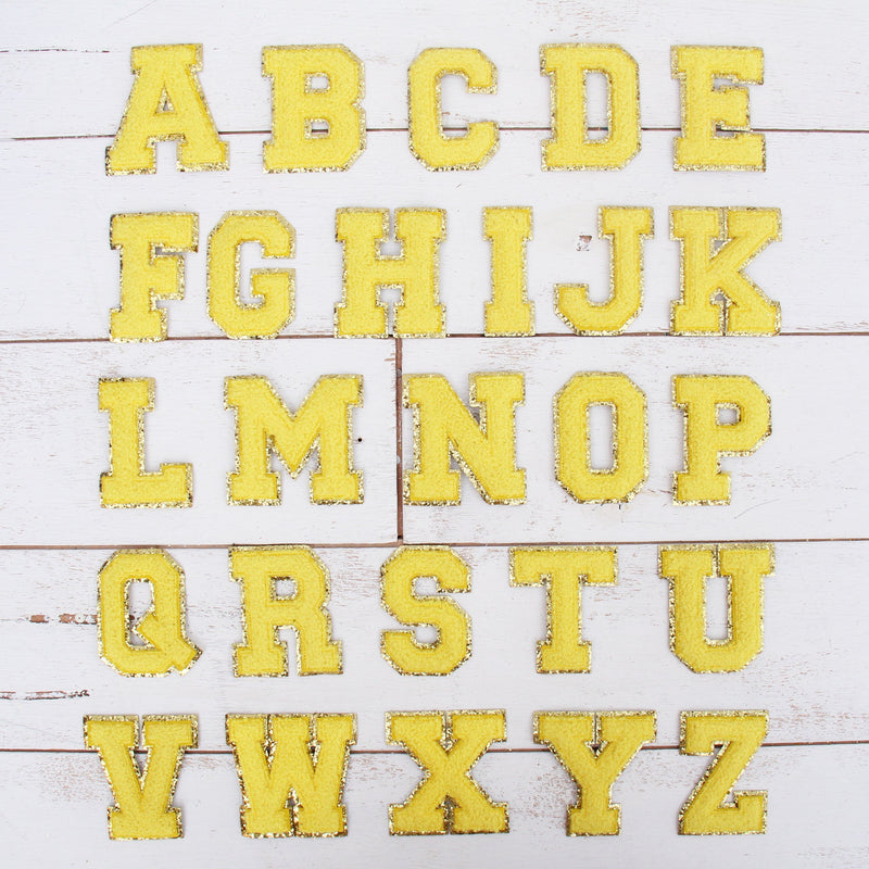 Yellow Chenille Letter Patches -Set of 3 Iron-On Letters - Small 5.5 cm Chenille with Gold Glitter - Threadart.com