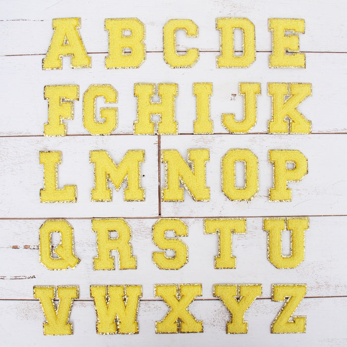 Yellow Iron On Varsity Letter Patches -Sets of 3 Letters  -Large 8 cm Chenille with Gold Glitter - Threadart.com