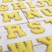 Yellow Chenille Letter Patches -Set of 3 Iron-On Letters - Small 5.5 cm Chenille with Gold Glitter - Threadart.com