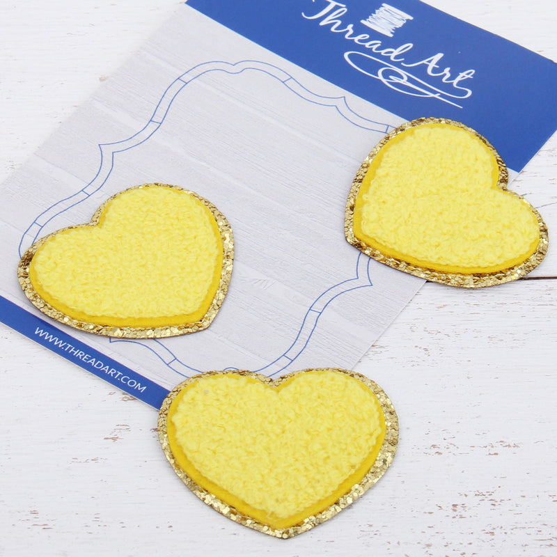 Iron On Chenille Patches - Set of 3 Hearts Chenille with Gold Glitter - Six Different Colors - Threadart.com